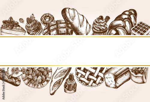 Ink hand drawn background with berry pies, cakes, desserts, pastries, bread. Food elements collection. Vector illustration. Menu or signboard template.