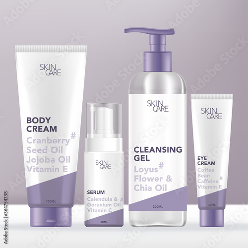 Vector Medical Skincare or Beauty Set with Tube, Pump Bottle, Dispenser & Tube Packaging. Minimalistic Design.