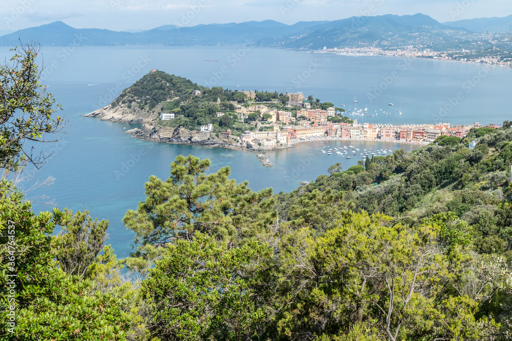 Panoramic aerial view of Sestri Levante and the Gulf of TIgullio from the path to Punta Manara