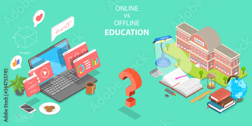 3D Isometric Flat Vector Concept of Online Learning vs Offline Learning.