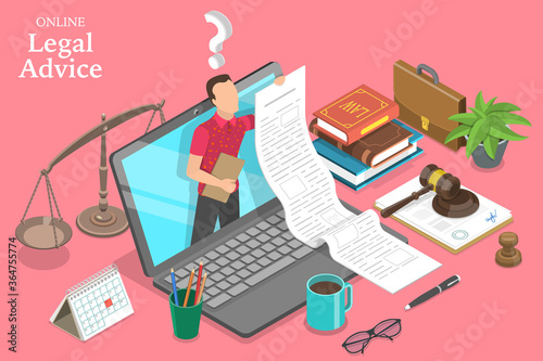 3D Isometric Flat Vector Concept of Online Legal Advice, Law and Justice, Digital Service for Law Consultation.