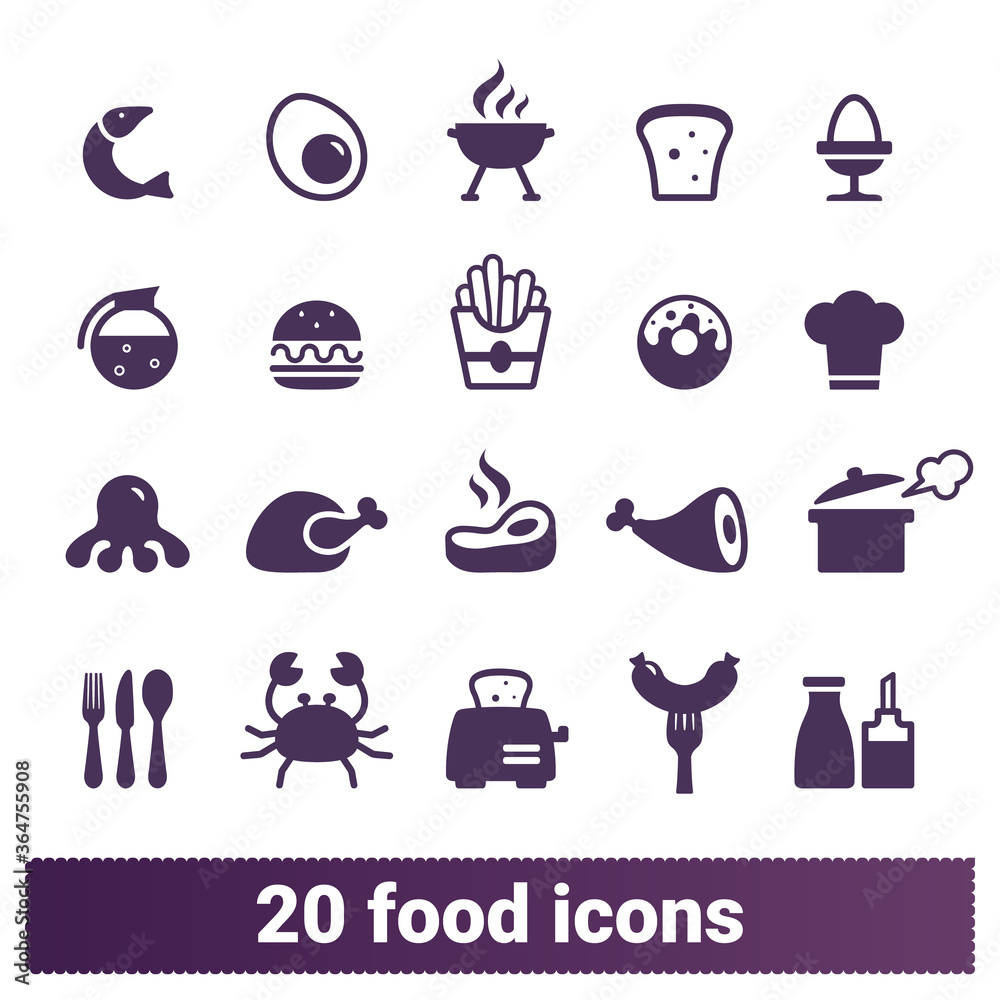 Food, restaurant dishes, yummy meals vector icons set. Pictogram collection of cooking, served dishes, food, pastries and drinks. Isolated on white background.