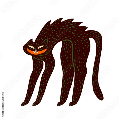Black evil cat hisses. Kitten with fur stand on end. Halloween feline character isolated on white background. Spooky animal. Flat style drawing design for invitation, poster. Stock vector illustration