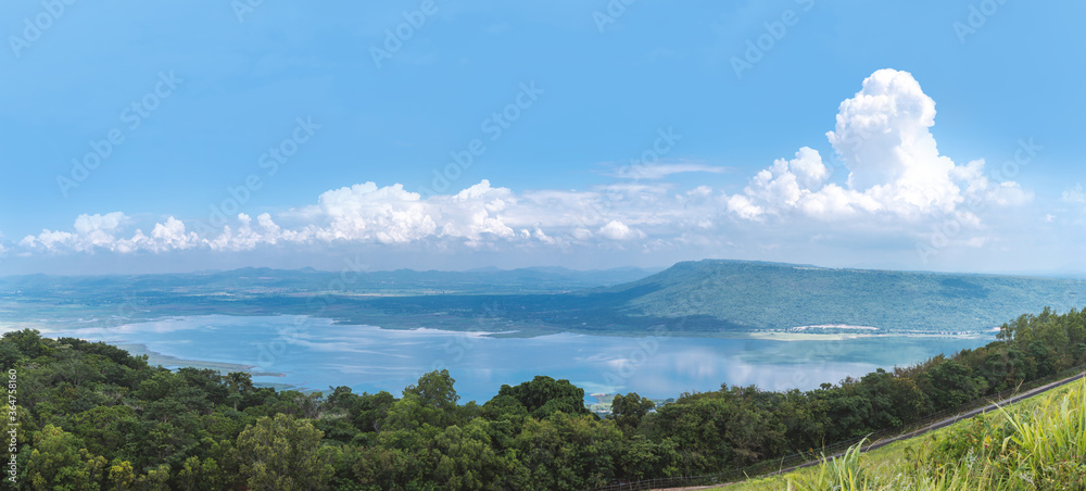 Fototapeta premium Panorama mountain with blue sky and white clouds for background. Nature weather