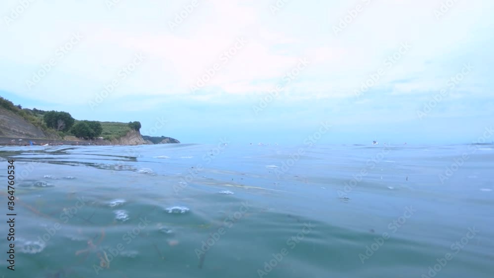 Slow motion submerging view. Sea grass float underwater. Famous cliffs in Adriatic Sea in Slovenia. Surface level view Slow motion submerging view. Sea grass float underwater. Famous cliffs in Adriatic Sea in Slovenia. Surface level view