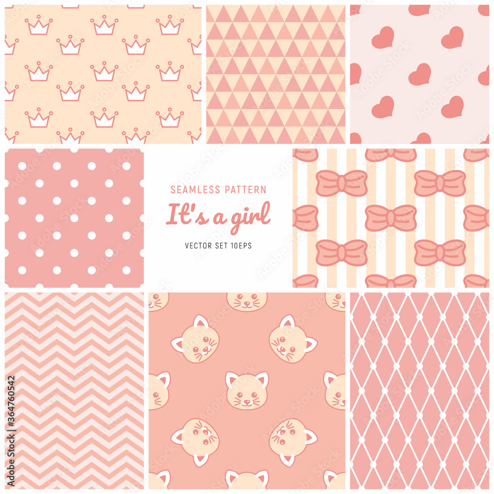 Baby girl patterns. Kids ornaments vector set. Pink backgrounds for baby shower. Baby girl patterns. Kids ornaments vector set. Pink backgrounds for baby shower.