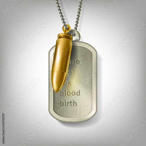 Personalized engraved army tag necklace with a golden bullet hanging on a steel ball chain isolated on grey background. Silver army locket or soldier badge form stainless steel with identity details.