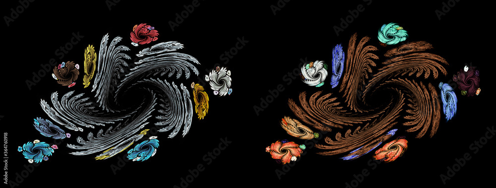 Abstract fractal flowers and leaves are arranged in a circle on a black background. Set of two graphic design elements. 3d rendering. 3d illustration.