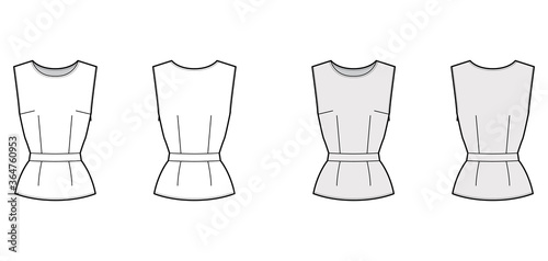 Belted top technical fashion illustration with round neck, sleeveless, fitted body, side concealed zip fastening. Flat apparel blouse template front back, white, grey color. Women, men, unisex mockup
