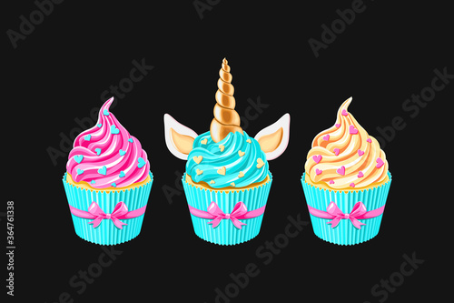 Festive unicorn cupcakes set.  Cake with golden horn and cream on black background