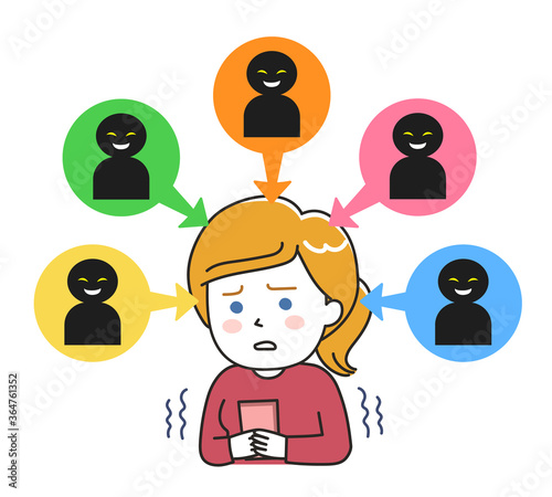 Woman shivering all over with cyber bullying. Vector illustration isolated on white background.