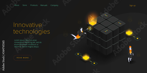 Big data technology in isometric vector illustration. Information storage and analysis system. Digital technology website landing page template.