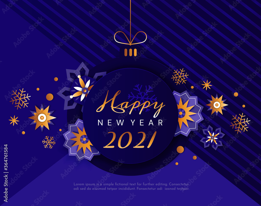 New Year 2021. Papercut vector art. Christmas ball on a blue background surrounded by snowflakes. New Year 2021. Papercut vector art. Christmas ball on a blue background surrounded by snowflakes.