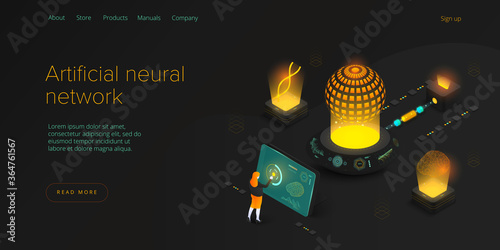 Artificial intelligence or neural network concept in isometric vector illustration. Neuronet or ai technology background with robot and human female. Web banner layout template.