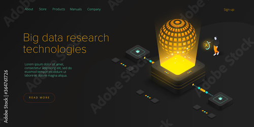 Big data technology in isometric vector illustration. Information storage and analysis system. Digital technology website landing page template.