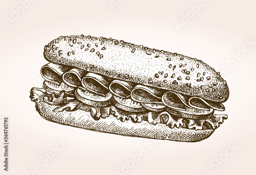 Delicious sandwich with ham, cheese and lettuce. Ink hand drawn Vector illustration. Menu or signboard template.