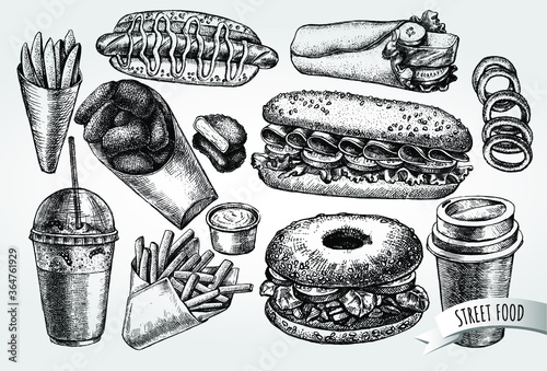 Ink hand drawn set of street food - hot dog, sandwich, French fries, nuggets, bagel, milkshake, ice cream.  Fast Food elements collection for menu or signboard design. Vector illustration.