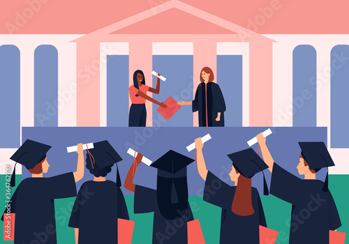 Graduates are awarded diplomas and scroll. Students in a black graduation gown and Graduation Hat. Flat vector illustration.