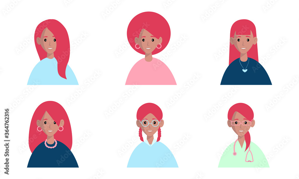 Woman avatar set vector illustration. Beautiful young girls portrait with different hair style isolated on white background