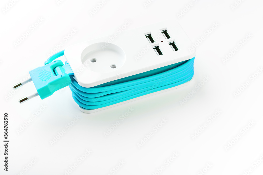 Extension Socket with USB Port on white background for charging phones and electronic devices, blue power cord.