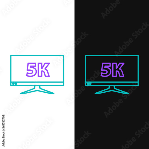 Line Computer PC monitor display with 5k video technology icon isolated on white and black background. Colorful outline concept. Vector.