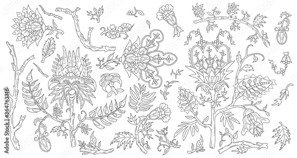 Fototapeta premium Set of decorative fantasy flowers and branches inspired indian paisley culture. Floral elements in oriental style. Monochrome line-art with editable stroke