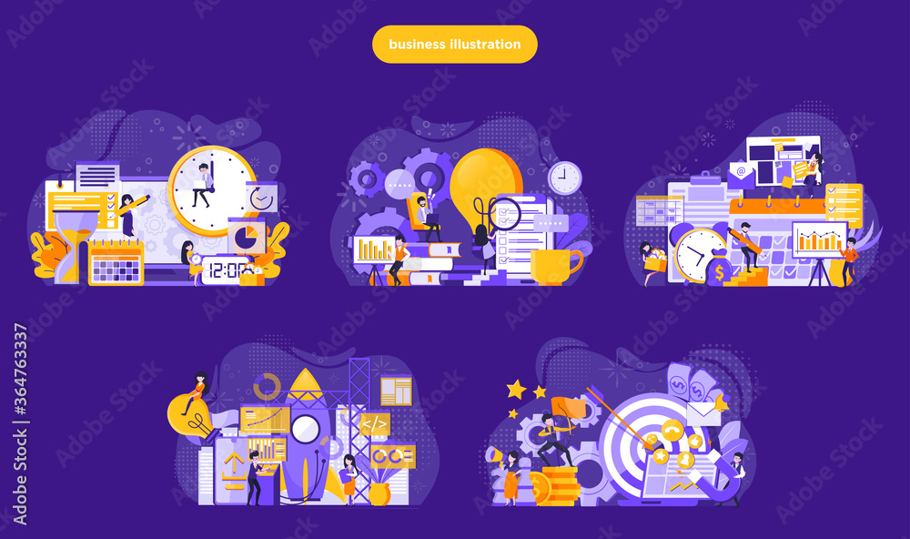 Set of illustration design templates for business solutions, startup, time management, planning and strategy. tiny people illustration concepts for website and mobile website development. Vector