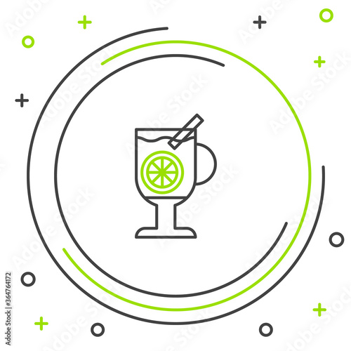 Line Mulled wine with glass of drink and ingredients icon isolated on white background. Cinnamon stick, clove, lemon slice. Colorful outline concept. Vector.
