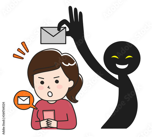 Woman got so much spam from anonymous. Vector illustration isolated on white background.