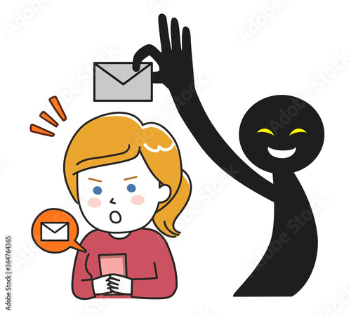 Woman got so much spam from anonymous. Vector illustration isolated on white background.