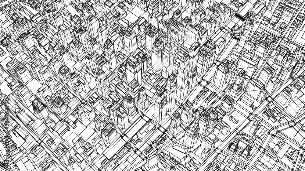 Fototapeta Wire-frame Twisted City, Blueprint Style