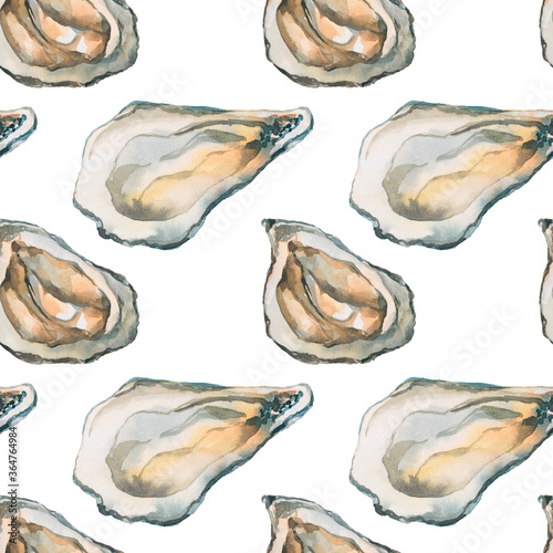 Seamless pattern with watercolor oyster. Food illustration without background. Oyster isolated on white background