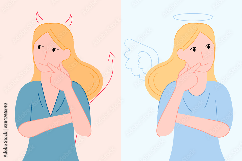 Evil and good blonde woman on colorful background vector illustration cartoon flat design modern style Evil and good blonde woman on colorful background vector illustration cartoon flat design modern style