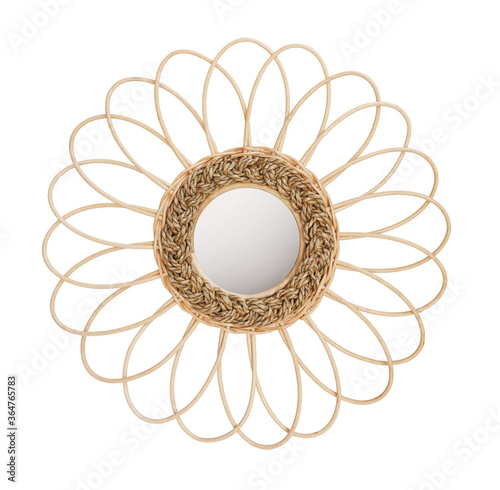 wooden rattan frame with mirror isolated on white background. Details of modern boho bohemian style , eco design interior