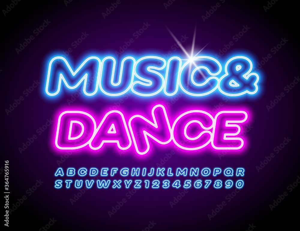 Vector neon poster Music & Dance. Blue light Font. Trendy glowing Alphabet Letters and Numbers
