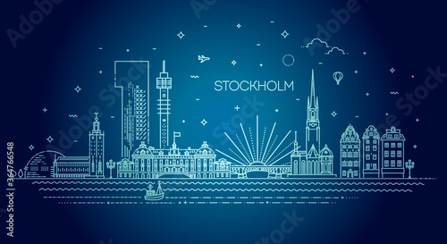 Stockholm line skyline with panorama in white background