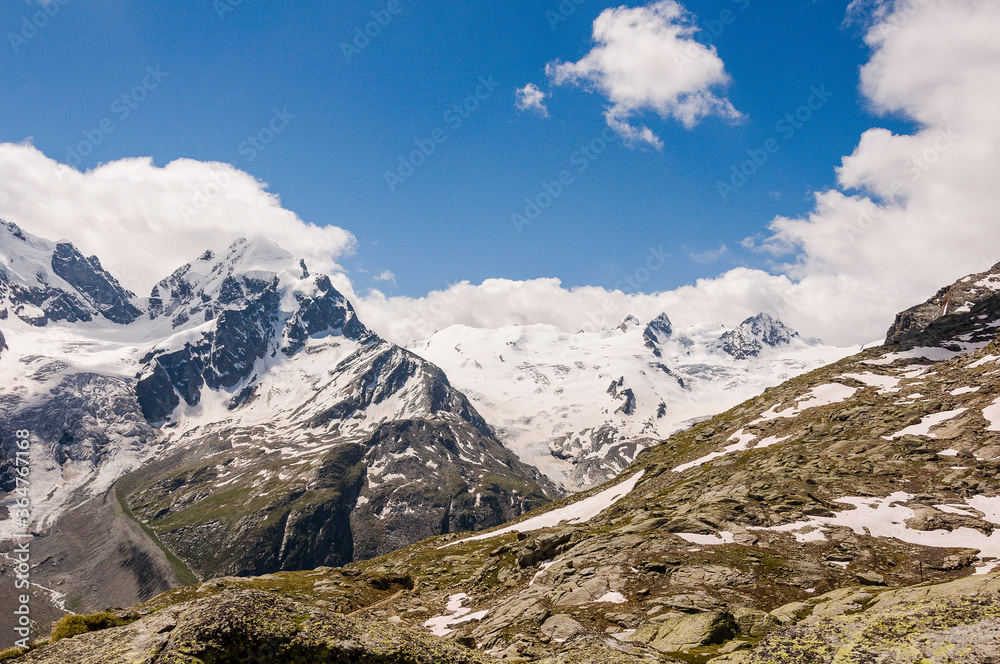 Piz Roseg, Piz Scerscen, Piz Sella, Wanderweg, Fuorcla Surlej, Murtèl, Corvatsch, Gletscher, Piz Bernina, Sellagletscher, Tschiervagletscher, Engadin, Alpen, Graubünden, Sommer, Schweiz