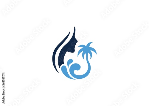 Summer logo. wave, palm and girl silhouette. Traveling design template inspiration.