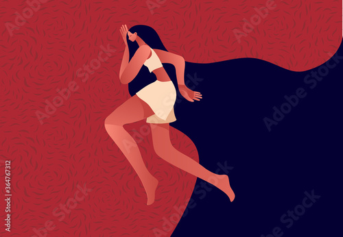 Woman in the bed, trying to fall asleep. Problem of insomnia, sleeplessness, sleep disorder, nightmare. Vector illustration in flat cartoon style. Vector illustration
