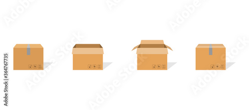 Carton box container set. Package delivery parcel with scotch and fragile sign. Open and closed carton pack with shadow. Warehouse symbol in flat design. Brown cardbox. Vector EPS 10.