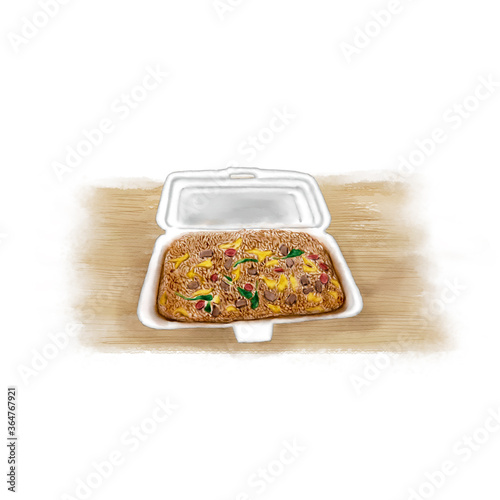 Watercolor Illustration of Chinese Street Food - Fried rice with soy sauce in disposable lunch box