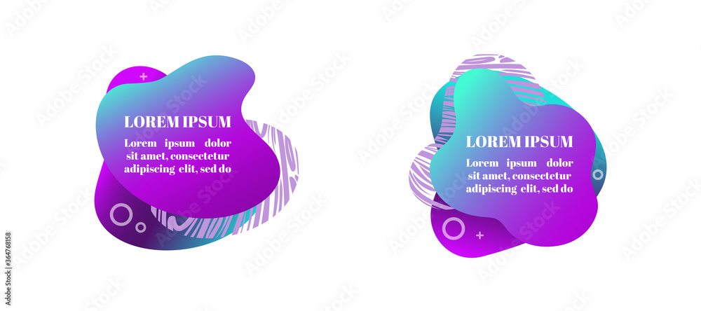 Abstract fluid gradiented shape set, trendy neon blue violet cyan colors. Useful as a design element for web banners, flyers. Isolated, white background, applicable for your text. Vector illustration. Abstract fluid gradiented shape set, trendy neon blue violet cyan colors. Useful as a design element for web banners, flyers. Isolated, white background, applicable for your text. Vector illustration.