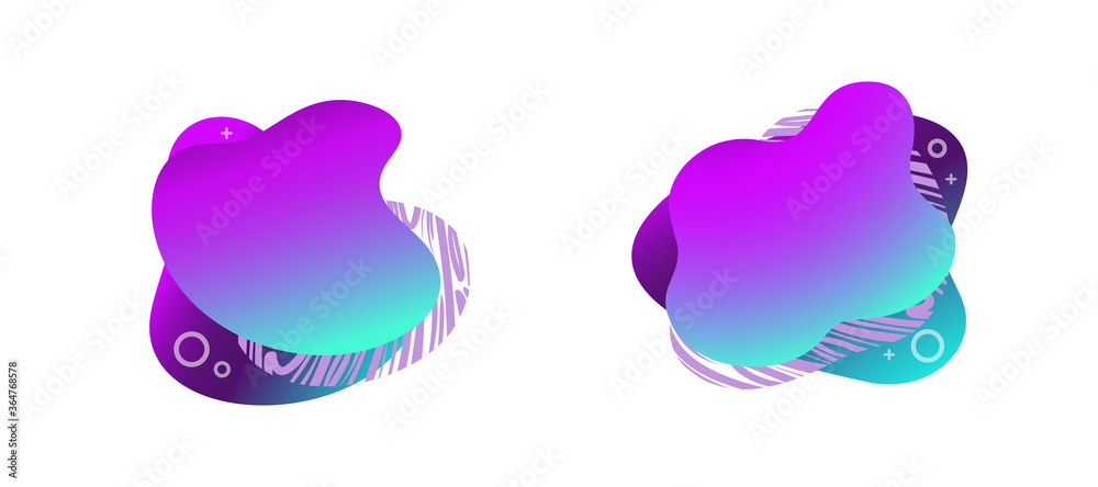 Abstract fluid gradiented shape set, trendy neon blue violet cyan colors. Useful as a design element for web banners, flyers. Isolated, white background, applicable for your text. Vector illustration. Abstract fluid gradiented shape set, trendy neon blue violet cyan colors. Useful as a design element for web banners, flyers. Isolated, white background, applicable for your text. Vector illustration.