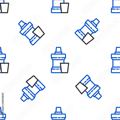 Line Mouthwash plastic bottle and glass icon isolated seamless pattern on white background. Liquid for rinsing mouth. Oralcare equipment. Colorful outline concept. Vector.