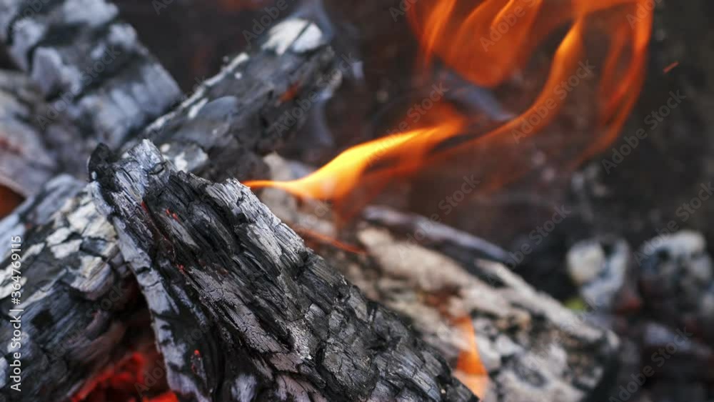 Firewood in flame closeup. Detailed close up of warm fire with tongue of flame Firewood in flame closeup. Detailed close up of warm fire with tongue of flame