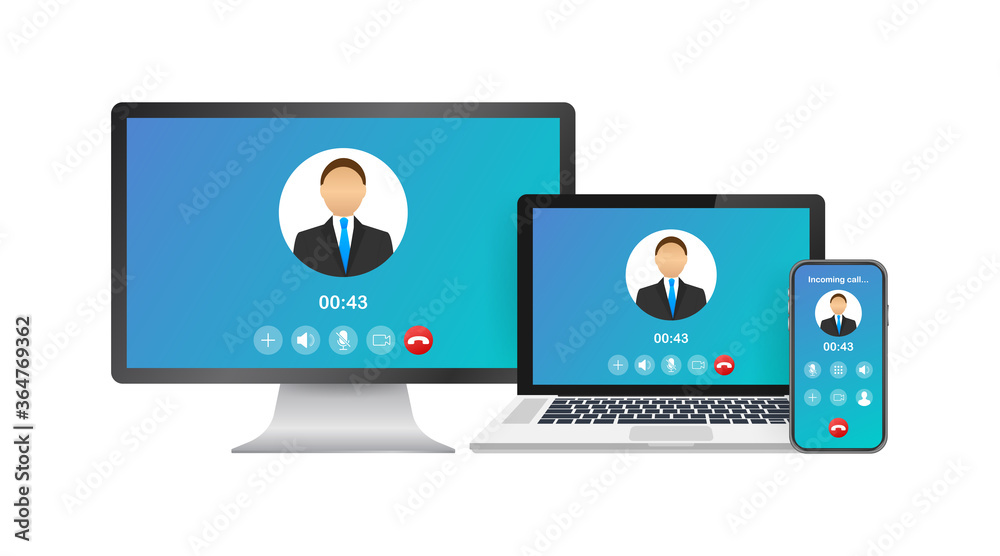 Incoming video call on laptop. Laptop with incoming call, man profile picture and accept decline buttons. Vector stock illustration. Incoming video call on laptop. Laptop with incoming call, man profile picture and accept decline buttons. Vector stock illustration.