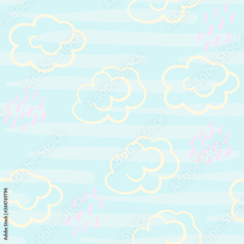 Memphis style hand drawn textured seamless pattern, Abstract fashion trendy vector background with hand drawn doodle clouds and pink rain for textile, wrapping paper, surface, background, wallpaper