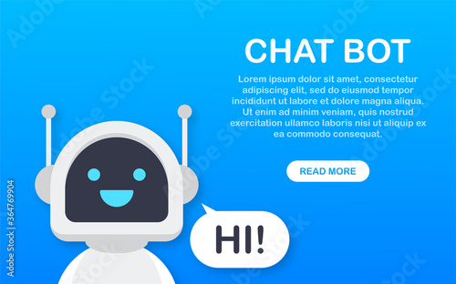 Chat Bot Using Laptop Computer, Robot Virtual Assistance Of Website Or Mobile Applications. Voice support service bot. Online support bot. Vector illustration.