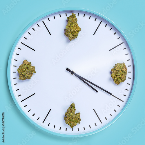Cannabis clock on blue background