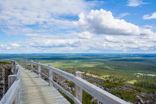 View of the wooden walkway on the top of Levitunturi, Kittila, Lapland, Finland